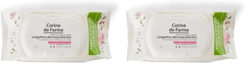 Corine de Farme - Toallitas Desmaquillantes Micelares x25 - Fibra de Origen Vegetal - Desmaquillan, Hidratan y Calman la Piel - para Maquillaje Waterproof - Cosmético Natural - Francia (Paquete de 2)