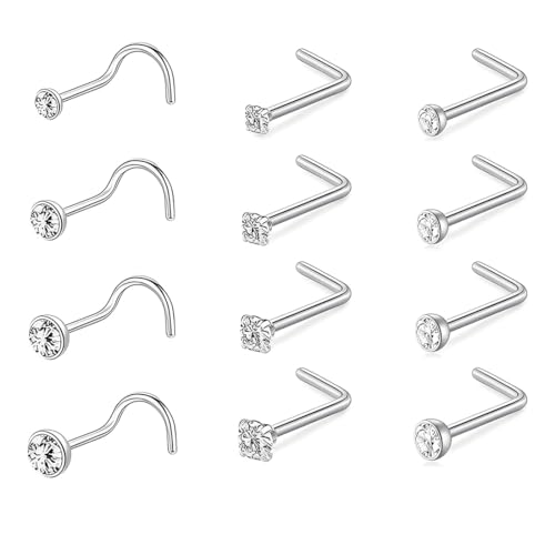 JEYORZY 12 Piezas Piercing Nariz para Mujeres Hombres, piercing nariz forma L diamante conector nariz, Narizs Anillo Piercing Joyería, Pirsin Nariz Pendientes Nariz Piercings Nariz Traje unisexo
