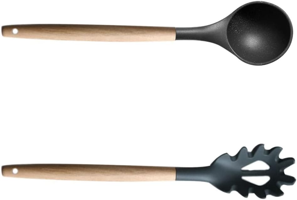 1 Set Silicone Pasta Fork Wooden Handle Spaghetti Utensils Food Grade Noodle Spoon Pasta Cooking Server Heat Resistant Kitchen Spatula for Cooking Utensils Grey
