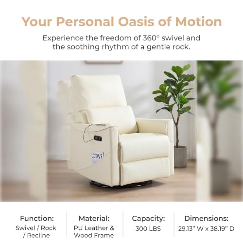 Image of Leather Power Swivel Rocking Recliner Chair, Electric Lazy Boy Reclining with Home Theater Seating, 360 Swivel Oversized Recliner Chair for Living Room, Bedroom, Reading, Beige