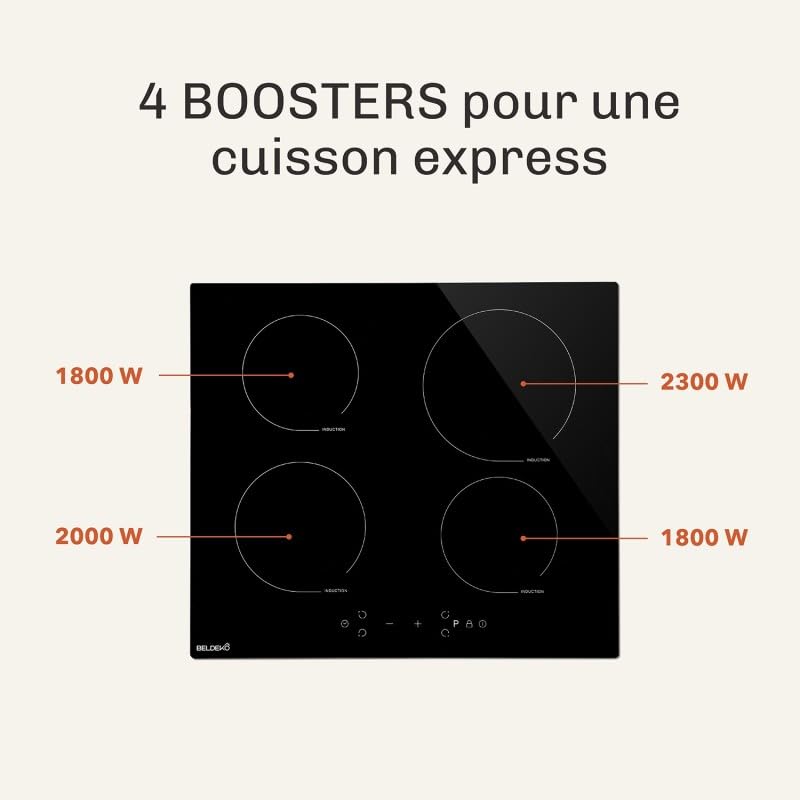 BELDEKO Plaque Induction 4 Feux 7900W Tactile Booster - Marque Française