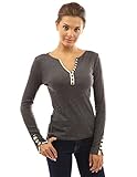 PattyBoutik Women's Notch Neck Buttons Trim Top (Dark Heather Gray S)
