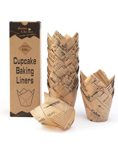 Image of Bake Choice 200pcs Tulip Cupcake Liners for Baking Cups Newspaper Print Parchment Paper Tulip Muffin Liners, Grease Resistant Cupcake Wrappers for Party, Christmas