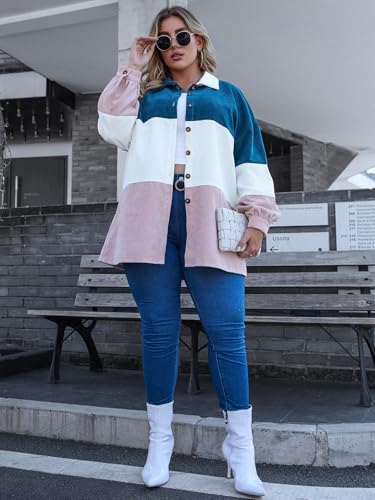 Corduroy Shirt for Women Plus Size Striped Button Down Blouse, Casual Color Block Long Shacket for Stylish Outfits4