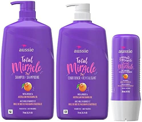 Aussie Total Miracle Shampoo, Conditioner and 3 Minute Miracle Deep Conditioner Hair Treatment Bundle, Infused with Apricot and Australian Macadamia Oil, Paraben Free