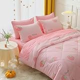 Jameswish 7 Piece Kids Strawberry Comforter Set Twin Size for Girls Teens Bed in A Bag Light Pink Grid Bedding Set with Sheet All Season Lightweight