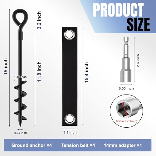 Image of Eurmax USA Trampoline Stakes Screw in Tent Stakes Parts Heavy Duty for Canopies,4-Pack Outdoor Anchor Kit with Straps(Black)
