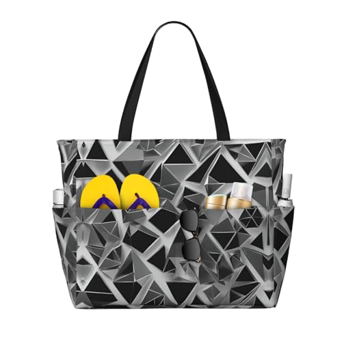 Sac de plage géométrique argenté pour femme, grand cabas de voyage et sport pliable