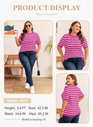 Image of Eytino Women Plus Size Sweater Tops Short Sleeve Crewneck Striped Tshirts Casual Summer Blouses Shirts(1X-5X)