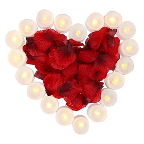 obmwang Pack of 24pcs Realistic Flameless LED Tea Light Candles and 1000pcs Dark Silk Rose Petals Artificial Red Rose Flower Petals Cover