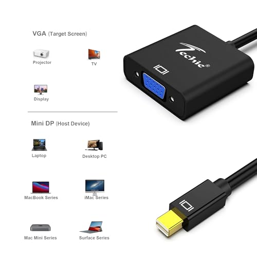 Image of Techie Mini DisplayPort to VGA Converter | Connect MacBook, Surface & Mini DP Laptops to VGA Projectors & Monitors | Plug-and-Play 1080p Adapter | Compact & Durable ABS Build (Black)