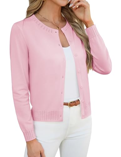 GRACE KARIN Womens Cardigan Sweaters Trendy Cropped Cardigans Lightweight Button Up Long Sleeve Tops Pink M