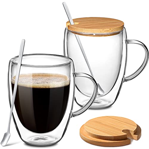 Gmisun Double Walled Glass Coffee Mugs, 2 Pack Coffee Cups With Bamboo Lids 12 Oz, Clear Insulated Glass Mugs With Handle For Ice Coffee/Hot Beverages/Tea/Cappuccino/Latte, Extra Spoons #TOP11