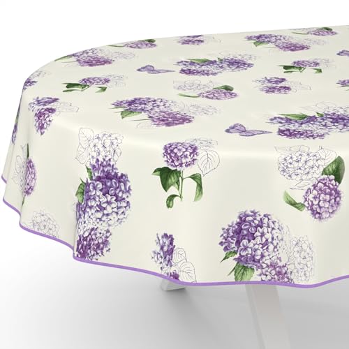 ANRO Nappe en toile cirée lavable, pour table de jardin, de forme ronde, ovale ou rectangulaire, ovale, 180 x 140 cm, avec ourlet (bordée), fleurs lilas