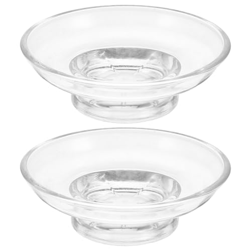 Cabilock 2pcs Clear Glass Soap Dish, Round Transparent Soap Holder, Bathroom Kitchen Sink Self-draining Design Universal Plate Replacement for Jewelry, Trinkets