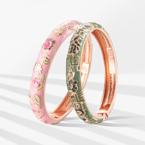 UJOY Gorgeous Bracelets Enameled Floral Cloisonne Gift Gold Plated Cuff Bangles Jewelry Sets Box for Women 55A182