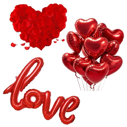 Ballons en aluminium en forme de cœur (20 pièces) + Ballon XXL Love + 1000 pétales de rose...