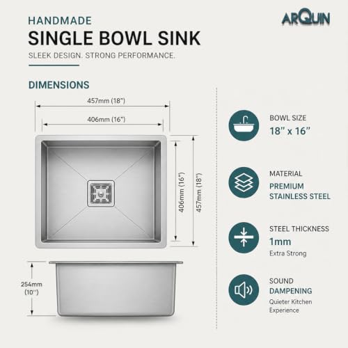 Image of ARQUIN Kitchen Sink 18x16x10 Inch Handmade Sink Matt Finish Single Bowl Heavy Grade Stainless Steel Kitchen Sinks | Basin For Kitchen With Square Drainer and Adjustable Fruit Basket