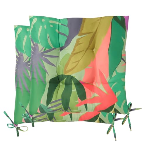 OHS 2 Pack Seat Pads for Dining Chairs, Palm Print Chair Cushions Soft Comfortable Outdoor Cushions with Ties for Garden Living Room Kitchen Office Dining Chair Seat Pads, Green - 40 x 40cm