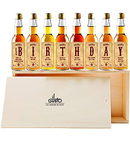 IL GUSTO Premium Birthday Brandy Gift Set – 8 Miniature 40ml Bottles (40% ABV) in Wooden Box | Cognac, Armagnac, Calvados & World Flavours | Luxury Brandy Tasting Sampler for Men & Women