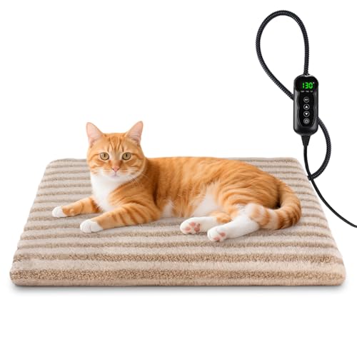 SHU UFANRO Pet Heating Pad Waterproof Heated Cat Bed with 11 Adjustable Temperatures & 24H Timer Auto Shut-Off Chew-Resistant Cord Washable Cover Indoor Electric Heating Mat Beige S(18 x 16)