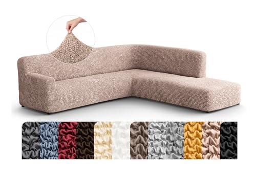 PAULATO BY GA.I.CO. Stretch Sectional Sofa Slipcovers 1-Piece Non-Slip – Elastic L Shape Couch Cover – Soft Furniture Protector Washable – Blush Taupe (Right-Facing Bumper 120"-195" Wide)