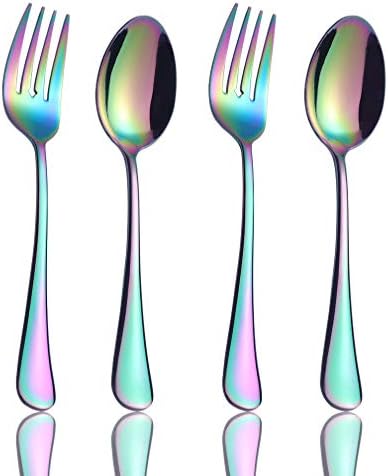 Onlycooker Serving Spoons and Serving Forks Set 4 Piece, Rainbow Large Flatware 18/10 Stainless Steel Dinner Serveware Long 8.7-Inch Hostess Set Serving Utensils Big Silverware for Buffet Party