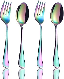 Onlycooker Serving Spoons and Serving Forks Set 4 Piece, Rainbow Large Flatware 18/10
