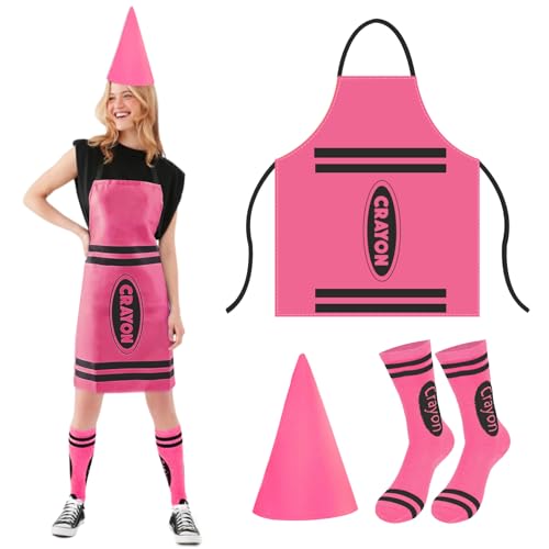 Crayon Costume Adult 3Pcs Colorful Crayon Fancy Dress Include Crayon Apron Funny Cone Hat And Striped Socks Unisex World Book Day Costumes Halloween Party Christmas Group Cosplay Outfits (Pink)