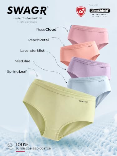 Image of SWAGR 5 Pack Women's High Coverage Super Combed Cotton Hipster Panty Set | Powered by ZincShield Anti-Bacterial Tech | BreatheSoft Fabric | MarkFree Waistband | SOXCO Style HP06