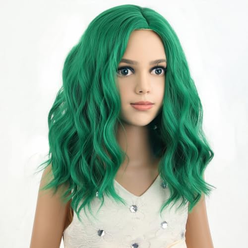 Image of PATTNIUM Kids Child Green Wig Short Curly Wavy Wig for Girls Dark Green Wigs Synthetic Hair Wigs