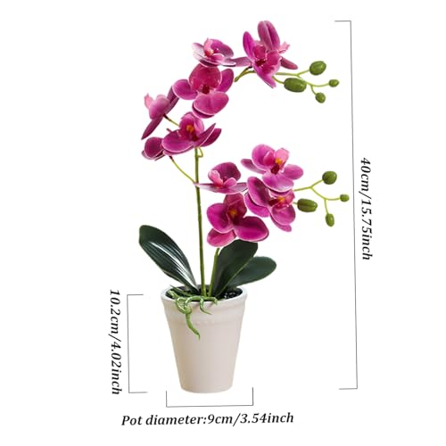 Flor de seda vívida estilo orquídea morada con maceta elegante 5