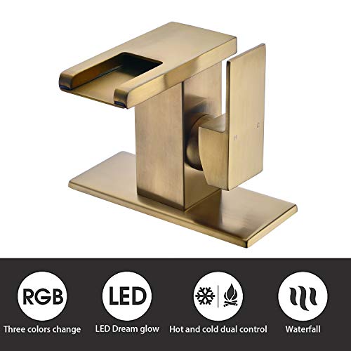 Bathroom Sink Faucet With 3 Colors Changing Led Waterfall Spout, Brushed Gold Single Handle Faucet With Deck Plate, Brass Body Lavatory Faucet With Supply Hose (Brushed Gold) #TOP3