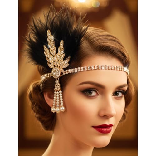 Aukmla 1920s Flapper Feather Headband Leaf Rhinestones Headpiece Pearl Roaring 20s Headdress Hair Accessories for Women (Black Gold, One Size)