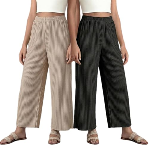 Image of Set of Combo Trouser and Pants for Girls and Women's Relaxed Fit Stretchable Regular Fit Palazzos Lightweight Elastic Waistband Bottoms for Daliy Office & Casual Wear