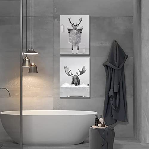2Pcs Funny Elk Wall Art In Bathtub-Black And White Canvas Moose In Bathroom Picture-Humor Animals Bathroom Artwork Prints Rustic Farmhouse Style Wall Decor Ready To Hang For Bathroom Decor #TOP5