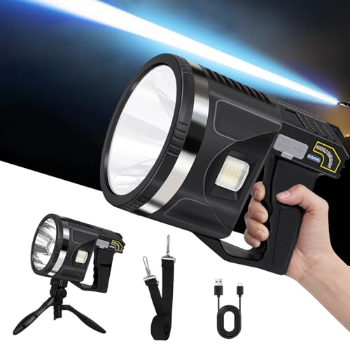 LiangJJ Spotlight 2000000 Lumens, 6 Modes Super Bright LED Rechargeable Spotlight Flashlight with Cob Light, Tripod, Strap, 24000mAh 25Hrs IPX7 Waterproof Spot Lights Outdoor Handheld for Boating, XXL