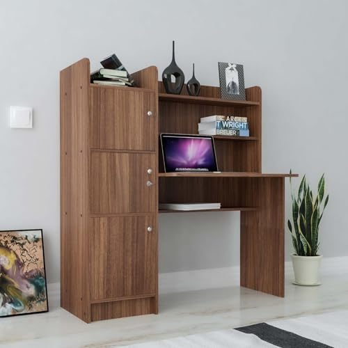 Image of NEUDOT Vision Engineered Wood Study Table with Single Door Storage | Leon Teak Finish | Compact & Modern Work Desk | Durable Study & Laptop Table for Home Office