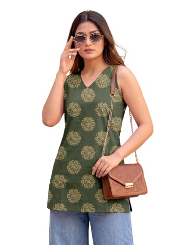 Image of Women's Printed Sleeveless Cotton Kurti Top with V-Neck, Straight Fit Casual Ethnic Tunic for Office, Daily & Casual Wear