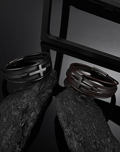 YL Cross Masonic Leather Mens Bracelet, 18K Gold/Black Rhodium Plated Christian Religious 316L Stainless Steel Brown Cuff Handcrafted Jewelry Gifts4