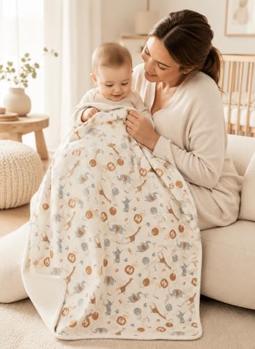 Image of EVERYDAY KIDS Large Ultra Jungle Safari Animals Minky Baby Blanket for Boys Mink and Sherpa Toddler and Baby Boy Blanket Measures 30 x 40 inch; Safari Animal Baby Nursery Decor