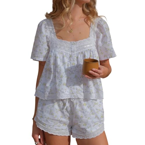 Image of ROAONOCOMO Women Floral Pajama Set Ruffle Puff Sleeve Peplum Shirt Coquette Pj Set Bow Babydoll 2 Piece Shorts Outfit