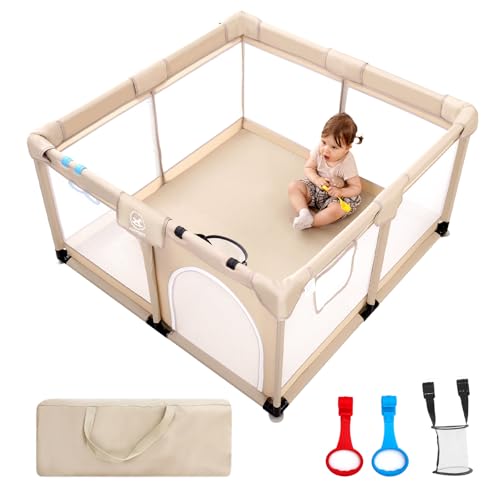 Image of Baby Playpen, (50x50x27inch) Large Playpen for Babies and Toddlers, Sturdy Safety Play Yard for Infant, Indoor & Outdoor Play Pen with Gate, Baby Fence with Soft Breathable Mesh, Hand Rings