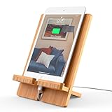 Pezin & Hulin Bamboo Tablet Stand Adjustable, Desktop Cell Phone Stand Holder Dock Compatible with Pad 9.7, 10.5, 12.9, Air 2 3 4 Mini, E-Reader, Phone 8 Plus X XS Max XR (Support to 4.7-13' Devices)