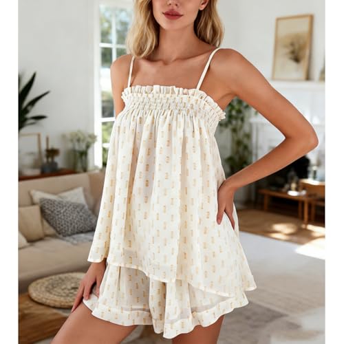 Image of SOOKABEILA Women 2 Piece Lounge Set Sleeveless Striped Cami Peplum Top Boxer Shorts Loose Ruffle Matching Pj Sets Outfits