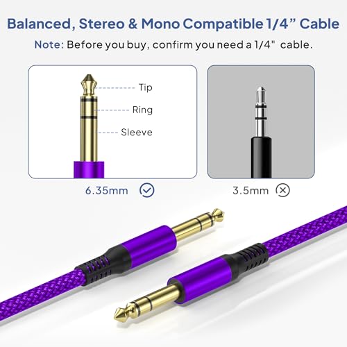 Image of Elebase 1 /4 Inch TRS Instrument Cable 10ft 2-Pack,Straight 6.35mm Male Jack Stereo Audio Interconnect Cord,6.35 mm Balanced Line for Electric Guitar,Bass,Keyboard,Mixer,Amplifier,Amp,Speaker,Equalizer