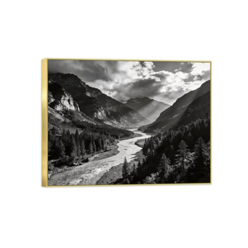 Tableau paysage noir et blanc pour salon moderne avec grand cadre doré 80x105