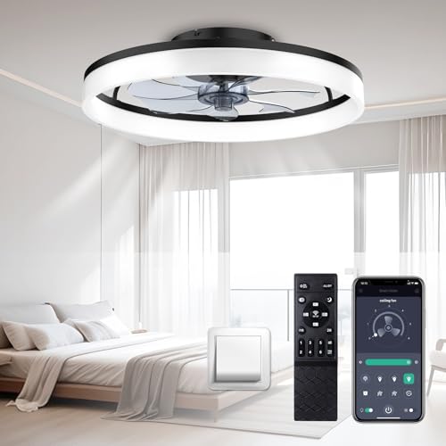 FancyMay Ceiling Fans with Lights and Remote, 20'' Low Profile Ceiling Fan, 3000-6000K Dimmable Modern Flush Mount LED Fan Light, 6 Wind Speeds, Fandelier Ceiling Fans for Bedroom