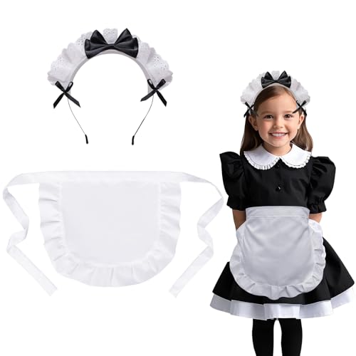 Enfants tabliers pour cuisiner, taille plissée dentelle blanche tablier rétro multiusage enfants tablier pour la fête de costume de cuisine, avec un bandeau...