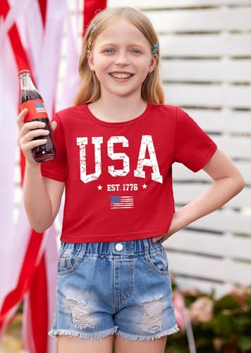 Image of BesserBay Kids Girls 4th of July Crop Tops American Flag Red White Blue Patriotic Bows USA Flag T-Shirts 6-14 Years